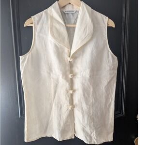 Y2K Martinique Sleeveless Linen Vest Ivory Collar Frog Closure Quiet Luxury L